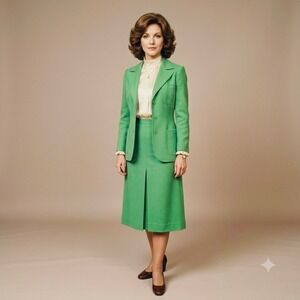 Vintage Koret of California Green Skirt Suit Blazer Midi Skirt Set 70s Retro
